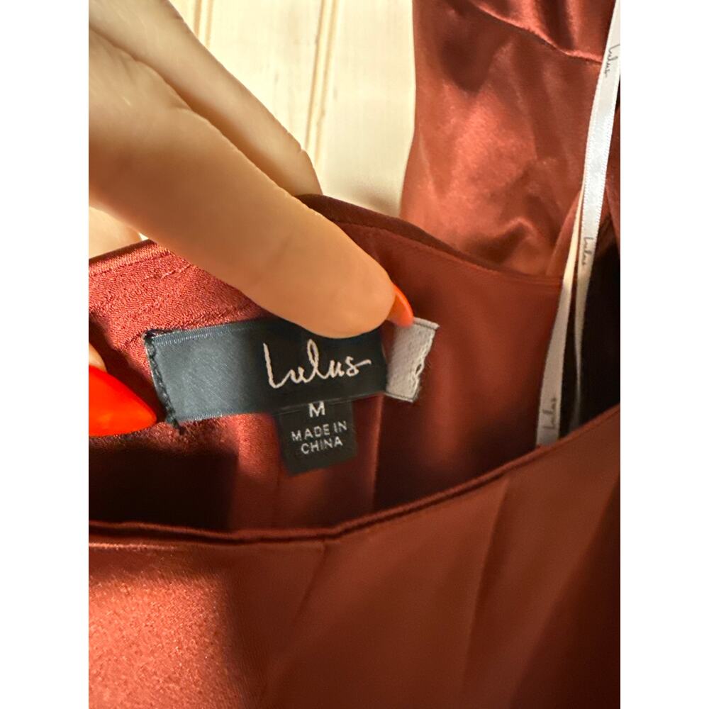 NWT Lulus Purely Elegant Rust Brown Satin Twist-Back Maxi Dress Bridesmaid Sz M - Picture 6 of 8